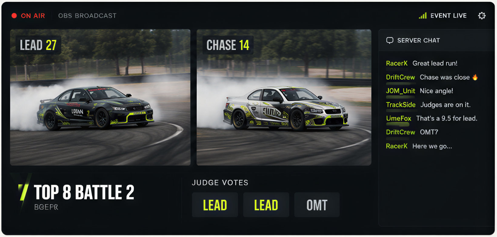 Broadcast preview mockup with tandem drift cars, live server chat and judge vote